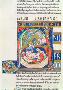Ms 1 fol.185vスヴィニー聖書からライオンズデンでダニエルを描いた歴史的な頭文字A 作： French School