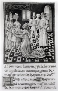 Ms. 1 fol。 6 vイギリスの女王であるフランスのイザベラがFroissarts Chronicleからハイナウト伯ウィリアム1世を去る 作： French School