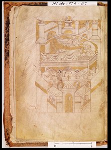 Ms 210 fol.4vモンサンミシェルのカルトゥレールドワースによる1150年代の「サンオベールのビジョン」 作： French School
