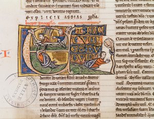 Ms 21 Fol.163v不特定の聖書から、ヨナが海に投げ込まれたことを描いた歴史的イニシャルE