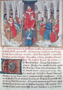 Ms 230 fol.1 Jean de Gerson（1363-1429）がパッションの説教をパリの聖ベルナール教会で午前中に説教しました。 作： French School