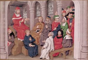 Ms 230 fol.25 Jean de Gerson（1363-1429）は、パリの聖バーナード教会で夕食後にパッションを説教しました。 作： French School