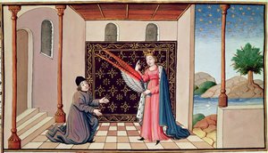 Ms 3045 fol.68v Lady Philosophyは彼の心が上空を飛ぶことを可能にする翼をボエティウスに提供します 作： French School