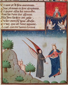 Ms 3045 fol.94rレディフィロソフィーは、飛行中のボエティウスを彼女が彼に与えた翼の上の空に導きます。父なる神が祝福を仰ぐ 作： French School