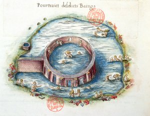 Ms 3242ブルボンランシー浴場、ニコラデニコライ作「General Description du Bourbonnais」からのイラスト、1569年（紙にトイレ） 作： French School