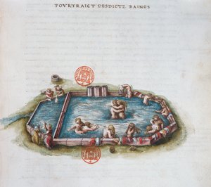 Ms 3243ブルボンの浴場lArchambaut、オーヴェルニュ、ニコラス・デ・ニコライ作のGenerale Description du Bourbonnaisからのイラスト、1569（紙にトイレ）