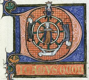 Ms 3469 fol.38 アリストテレスの「物理学」からの「運命の輪」 1280-85年頃 （ヴェラムにペン、インク、テンペラ 作： French School