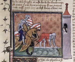 Ms 3480 fol。77 Lancere Crossing the Sword Bridge、from the Livre de Messire Lancelot du Lac 作： French School