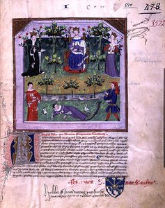 Ms 3522 fol.1 シャルル5世(1338-80)の命により1376年に作曲された「Somnium Viridarii」(Le Songe du Vergier)より、ナイトとビショップの口論を寝たふりをして目撃している作者(vellum) 作： French School