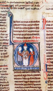 Ms 365 fol.318vグレゴリーIXのDecretalsからの結婚を描いた歴史的イニシャルD 作： French School