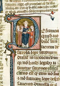 Ms 376 f.320ヒストリーテッドの頭文字Dは、Les Gregoriennesからの結婚を祝福する司祭を描いています