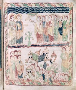 聖ヨハネの黙示録からのMs 386 fol.25rエンジェルとトランペットと地球の揺れ 作： French School
