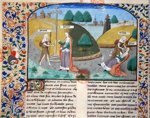 Ms 3878 ジョヴァンニ・ボッカッチョ(1313-75)の「De Casibus Virorum Illustrium」からの挿絵「Poverty and Fortune」(vellum) 作： French School