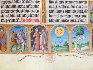 Ms 412 Book of Hours、ユダヤ人巡礼者のイラスト付き。太陽と月とマートル