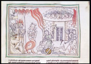 Ms 422 Fol.95r黙示録の場面、サタンの軍隊を破壊する天の火 作： French School
