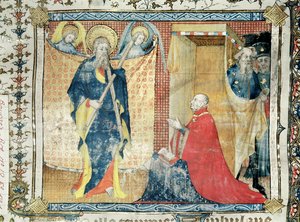 Ms 48 fol。181 Jean de France（1340-1416）セントアンドリューの前で祈るベリー公公爵、サントシャペルドブールジュ教会から、1404-10年頃 作： French School