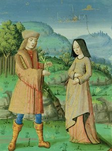 Ms 493 fol.123v AeneasからのAeneasとディドの姉妹であるアンの会合、Serviusによる解説付き、1469 作： French School