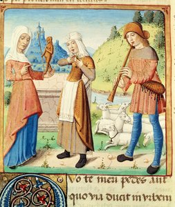 Ms 493 fol.15v VirgilのThe EcloguesのServiusの解説付きの羊飼いMenalcasと彼の報われぬ愛、1469