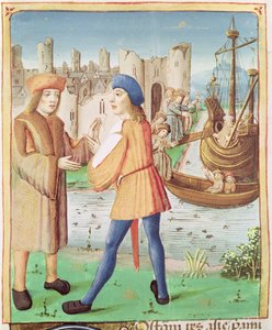 Ms 493 fol.87 Aeneasの出発、VirgilによるThe Aeneidからのセルビアスの解説付き、1469 作： French School
