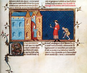Ms 5080 fol.373r Vincent de BeauvaisによるLe Miroir Historialからの懇願する2人のハンセン病者 作： French School