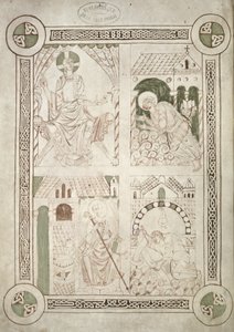 Ms 616 f.1v聖アウグスティヌスのキリストの足と書記Alardusが本をSt. Vaastに捧げる 作： French School