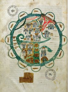 Ms 782 fol.16v。地球の形をした世界地図、Grandes Chroniques de Philippe le Hardiのミニチュア