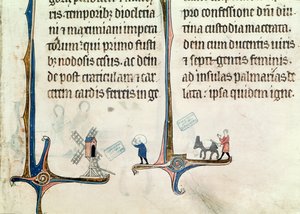 Ms 838 fol.55 1270年後、ノートルダムドプレのオビトゥエールからノートルダムを運ぶ風車に小麦のロバを運ぶロバを運転する男 作： French School
