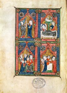 Ms 87 fol.16 Mahaut dArtoisの時間からの受胎告知、キリスト降誕、マギの崇拝と浄化 作： French School