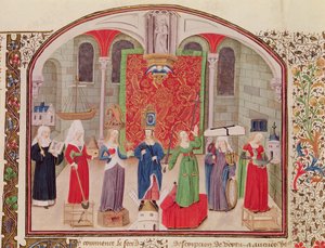 Ms 927 Fol.17vアリストテレスによる倫理、政治、経済学からの神学的および枢機卿の美徳（紀元前384〜322年） 作： French School