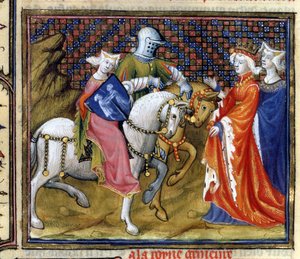 Ms Fr. 120 La Quite de Saint GraalのLancelot of Lancelotからの湖の女と会うギネヴィア 作： French School