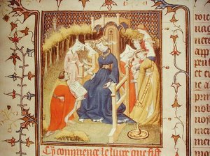 Ms Fr 12420 Giovanni Boccaccio (1313-75) の「De Claris Mulieribus」から、女性のグループに作品を紹介する作者（ベラム製）。 作： French School