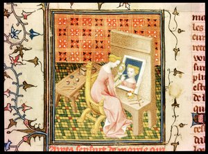 Ms Fr 124220 fol.101v St. Marcia（d.632）Painting a Self Portrait、from De Claris Mulieribus、from the、by Giovanni Boccaccio（1313-75） 作： French School