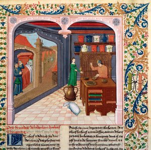 Ms Fr 218 fol。111バルテルミーラングレースのLe Livre des Proprietes des Chosesのベッドにいる患者と薬剤師が薬を準備 作： French School