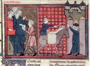 Fr 22495 Fol.37vアンティオキアを救うために派遣されたメッセンジャー、1337年のルロマンデゴデフロワドブイヨン 作： French School
