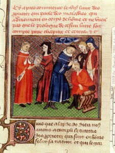 Ms Fr 22531 Fol.115尿検査と創傷の治癒、バルセルミー・ラングレースによるLe Livre des Proprietes des Choses作、c.1410-15 作： French School