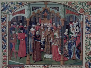 Mr Fr 2629 fol.167エルサレムのMelisande女王（1109-60）、アンジューのフルク5世と結婚（1092-1143）、タイヤのウィリアム（c.1130-85）によるエルサレムの歴史家から