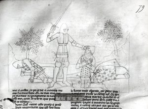 Ms Fr 343 f.79ランスロットデュラックの戦場で騎士を武装させる 作： French School