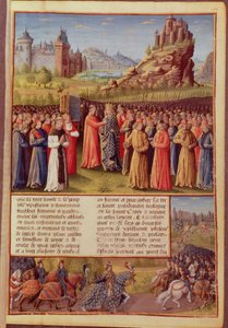 1146年にヴェゼレーでフランスのルイ7世（c.1120-80）の前で第2十字軍を説教したクレアヴォーのFr 5594 f.138セントバーナード（c.1090-1153）氏、パッセージフェイトアウトレマー 作： French School