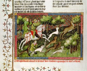 Ms Fr 616 fol。77 Stag Hunting、Livre de la Chasse、Gaston Phebus de Foix（1331-91）