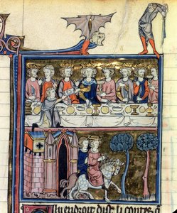 Mr Fr 95 f.326アーサー王と彼の騎士、テーブルの周り、lHistoire de Merlin、c.1280-90 作： French School