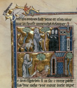 Ms Fr 95 f.4v Hermit and beast、lHistoire du Saint Graal、c.1280-90 作： French School