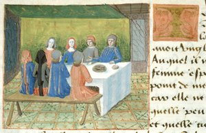 Ms Hunter 252 f.133v食事、Les Cent Nouvelles Nouvelles、1462 作： French School