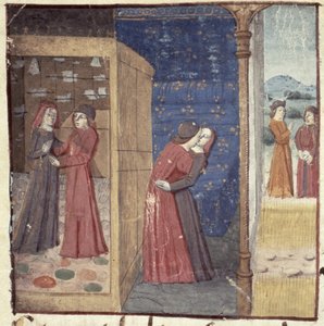 Ms Hunter 252 f.27vキス、Les Cent Nouvelles Nouvelles、1462 作： French School