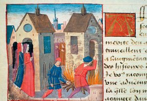 Ms Hunter 252 f.75v家を燃やす、Les Cent Nouvelles Nouvelles、1462 作： French School