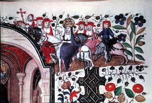Ms Lat 1156b Fol.167 1426年頃のマルグリット・ドルレアンの「時間」に描かれた聖ペテロの絵から、ラバに乗った教皇とその側近の詳細（ヴェラム製）。 作： French School