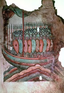 Ms Lat 1390 fol.7ノーマンの兵士がイギリス海峡を横断し、La Vie de Saint Aubin dAngersから 作： French School