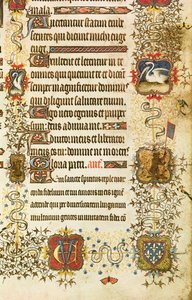 Ms.Lat 919 fol.96 「聖ペテロ」の紋章と動物の装飾の詳細 ジャン・ド・フランス（1340-1416）ベリー公爵を楽園に導く 「ベリー公爵大紀行」より