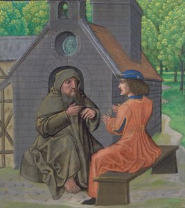 ミズ ロイヤル 14 E. 11、f.338 「Chemin de Valliance and works in French verse and prose」からの騎士に指示する隠者、c.1475 (ベラム) 作： French School