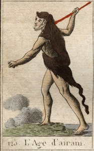 人類の時代の神話：ライオンの毛皮を着て槍の武器を持った若者として描かれた、黄銅時代の表現。青銅器時代は、ライオンの毛皮を身にまとい、槍を武器にした若者として描かれている）。ピエール・ブランシャール 1803年「青春の神話」より 作： French School