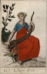 人類の時代の神話：黄金時代の表現は、完璧な美しさを持つ若い処女で、花の冠をかぶり、豊かさの角を持っています（黄金時代は、若くてきれいな女性で、コルヌコピアを持ち、花の冠をかぶっているように描かれています）。Fr 作： French School